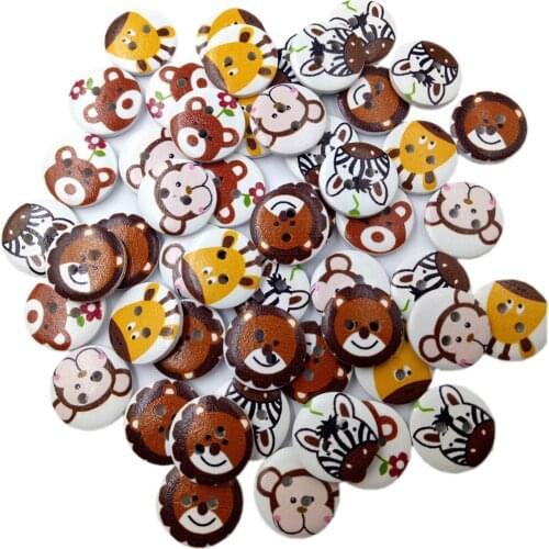 50 Pcs Mixed Painted Cartoon Animal Wooden Buttons Sewing Craft for