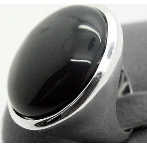 Free Shipping Rare Natural Black Natural Stone 24mm 925 Sterling Silver Jewelry Ring Size 7/8/9/10