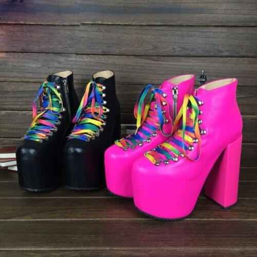 Rainbow Color Bandage Lace Up Ankle Boots Rose Black Cow Leather Platform Super Chunky Heels Woman Stage Fashion Martin Booties