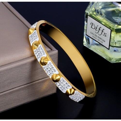 Fashion CZ Beads Gold Bangle Stainless Steel Bangle Bracelet Crystal Rhinestones Rivet Luxury Brand Party Wristband Women Gift