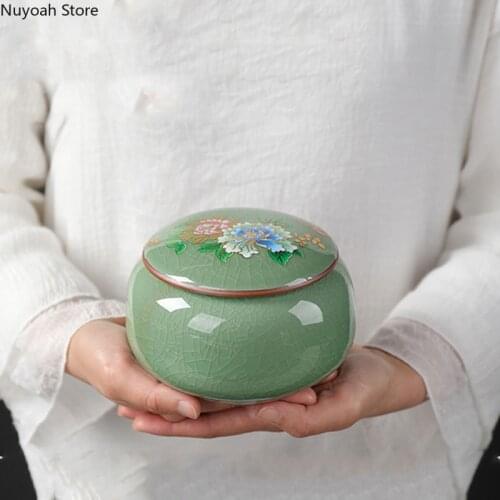 Household Tea Caddy Ceramic Sealed Storage Tank Storage Box Tea Table Decoration Handicraft Tea Caddy Ornaments Portable