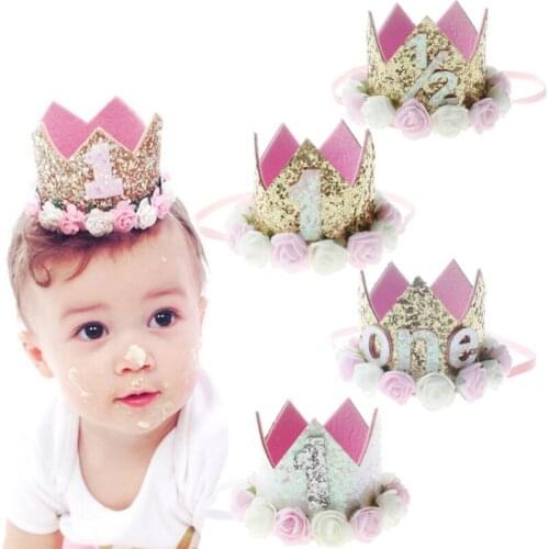 2018 Flower Crown Newborn Headband Gold Birthday Crown Flower Tiara Headband for Kids Party Headwear Hair Bands Accessories Gift