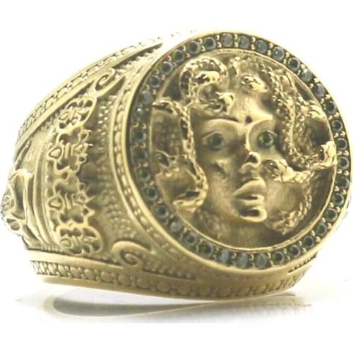 Unisex 316L Stainless Steel Green Stone King Skull Gold-Color Medusa Ring