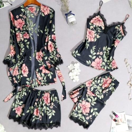 4pc Womens Pajamas Sexy Wireless Rimless Pajama Lace Nightdress Silk Underwear Pijama Lingerie Summer Sleepwear Pijamas S-3XL