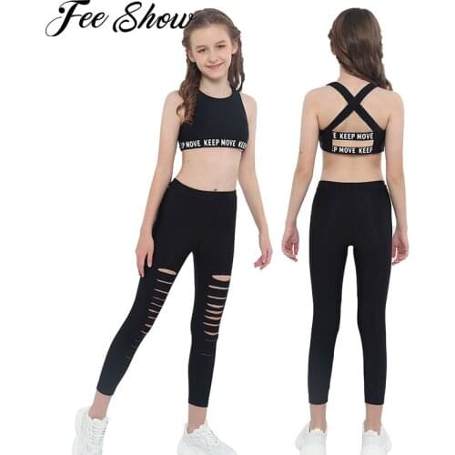 Yoga Sets Sport Clothes Girls Two Pieces Tracksuits suits Kids Running Gym Outfits Cross Back Crop Top with Hollow Leggings Sets