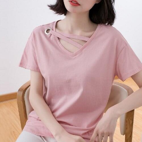 Korean summer loose thin half-sleeved gothic t-shirt straps V-neck short-sleeved aesthetic t-shirt women plain social shirt