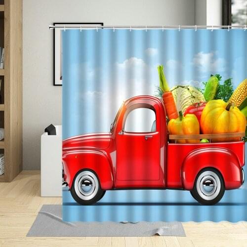 Red Truck Pattern Shower Curtain Autumn Bumper Harvest Vegetables Sunflower Countryside Bath Curtains For Living Room With Hooks