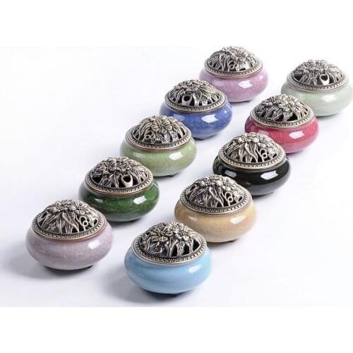 Round Incense Burner with Alloy Cover Delicate Ceramic Ice Cracked Glaze Incense Furnace Home Decor W8857