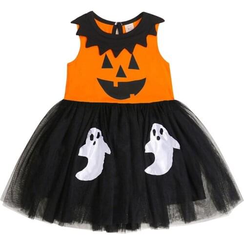Summer Newborn Toddler Baby Clothes Girl Halloween Dress Cute Sleeveless Pumpkin Ghost Print A Line Tulle Dress 1-5T Costumes