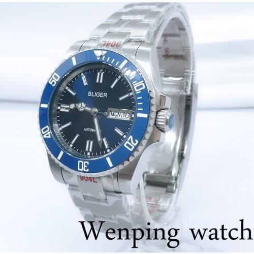 New BLIGER 40mm Mens Luxury Mechanical Sterile Watch Sapphire Glass Dark Blue Dial Date Calendar NH36A Movement Automatic