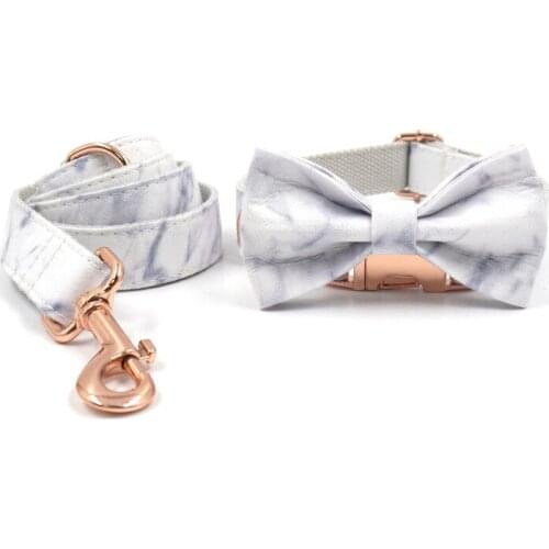 Luxury Designer Dog Collar and Leash Set Personalized Name Bowtie Dog Collar with Rose Gold Metal Buckle Bow Puppy Collar Marble