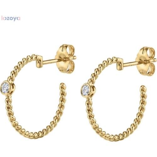 LOZOYA 925 Sterling Silver 19mm Big TWIST Punk Rock HOOP Earring 19mm Loop Circle Round Women CZ Crystal 2021 Fashion Jewelry