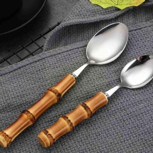 Tableware With Bamboo Handle Steak Knives Cutlery Steel Forks Flatware Set Spoons Knives Cutlery T6P8