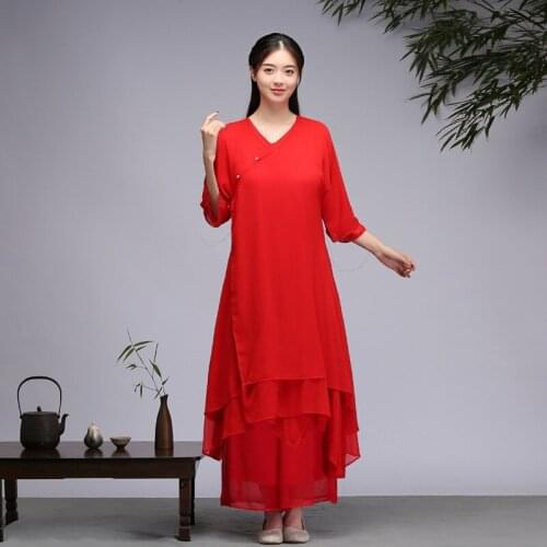 Traditional Chinese Style Clothing Women Yoga Set Linen Loose Sweatshirt+Pant Female Meditation Tai Chi Set Cheongsam Suit 12131