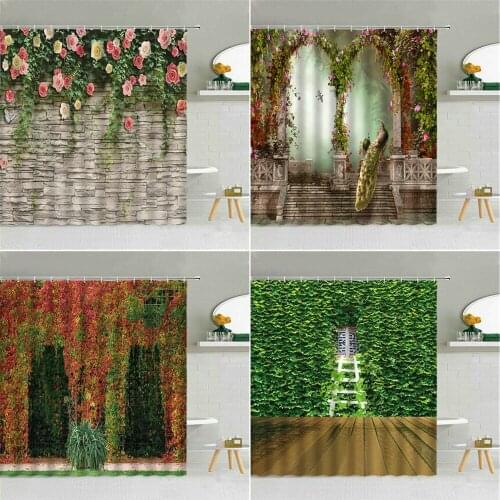 Green Vine Leaf Shower Curtain Rock Brick Wall Colorful Flowers Peacocks Bathroom Decor Spring Scenery Bath Waterproof Curtains