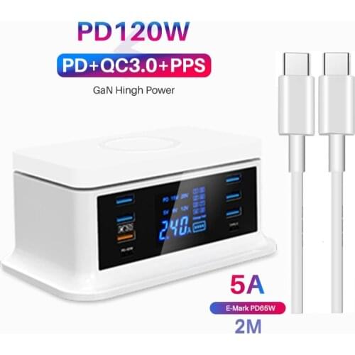 120W QC 4.0 3.0 GaN 8 USB C Charger with Dual Type C 65W PPS Fast Charging Power Adapter for MacBook Pro, Lenovo, iPhone