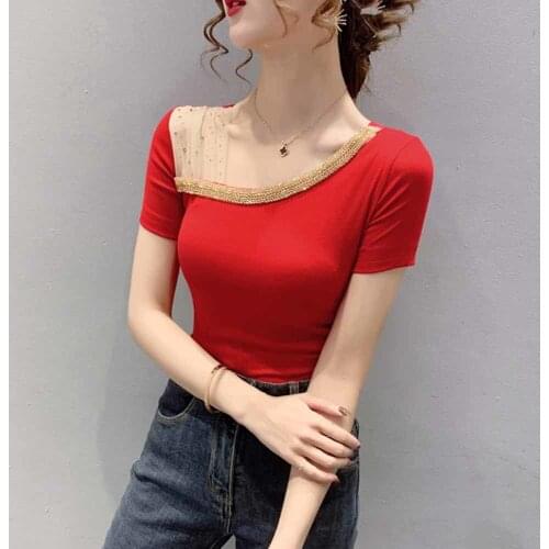 2021 Spring Summer Korean Style Cotton T-Shirt Fashion Sexy Skew Collar Shiny Diamonds Mesh Women Tops Short Sleeve Tees