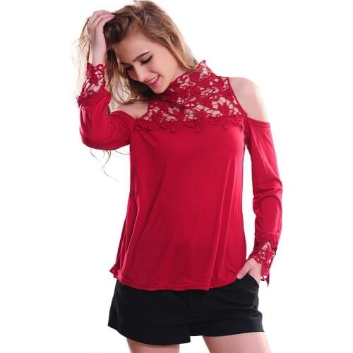 Singwing Women Cotton Blouses Off Shoulder Lace Blouse Hollow out Backless Shirts Long Sleeve Shirt Blusa Tops Tee