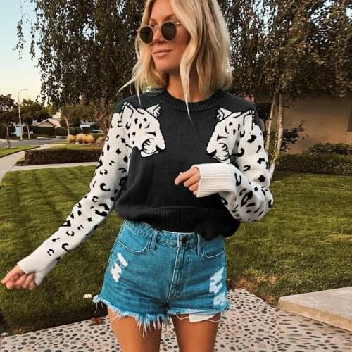 Womens Leopard Pattern Short Round Neck Loose Sweater Womens Long Sleeve Knit Sweater Womens Pullover Fall/winter 2021