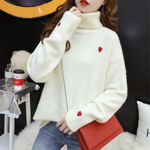 Autumn Winter Thick Red Blue White Turtleneck Knitted Sweater Women Loose High Collar Knit Pullover Tops Female Jumper Ladies