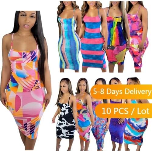 Bulk Items Wholesale Lots Sexy Bodycon Summer Dress Tie Dye Spaghetti Strap Midi Dress Streetwear Bandage Party Dress Plus Size