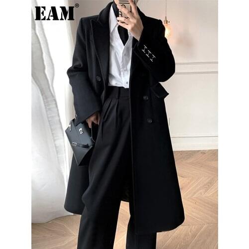 [EAM] Loose Fit Pockets Black Woolen Coat Parkas New Notched Collar Long Sleeve Women Fashion Tide Autumn Winter 2021 1DD4144