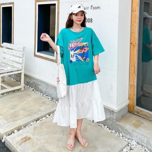 Johnature New Patchwork Loose Women Dresses 2021 Summer Casual Simple O-neck Letter Print Female Dress