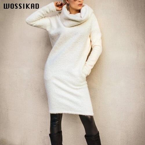 2019 Dress Women Thicken Plus Velvet Keep Warm Sweater Turn-down Collar Turtleneck White Dress Fall Clothes Robes Kaftan