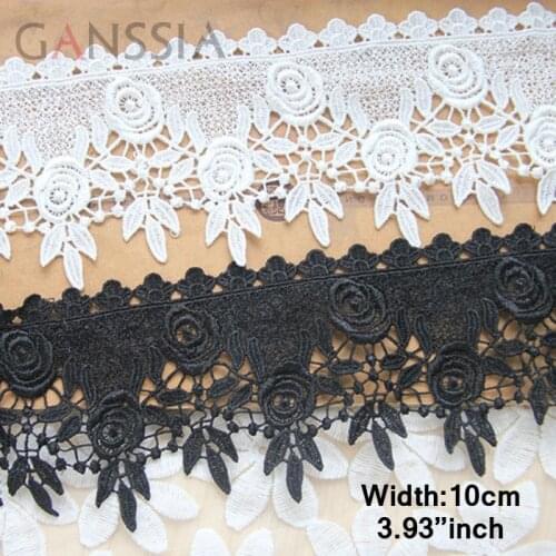 1yrd/lot Width:10cm Gorgeous rose design embroidery water soluble lace,black and ivory white cotton chemical lace(ss-467)