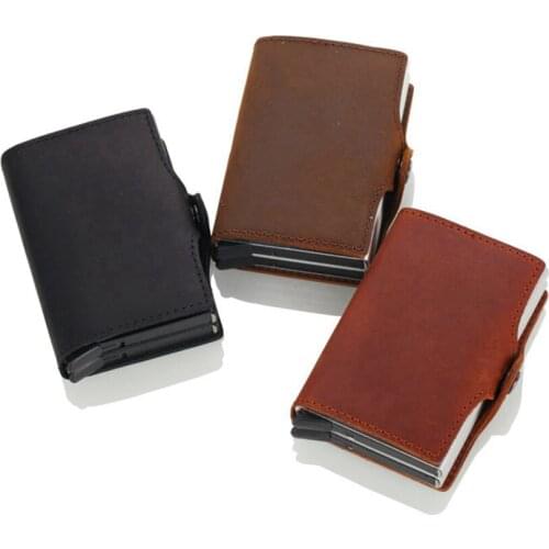 1 Piece Crazy Horse Leather Aluminum Vintage Card Holder Rfid Wallet Unisex Crazy Horse Leather Double Box Credit Card Holder