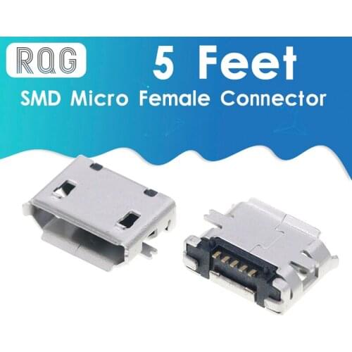 100pcs SMD Micro Female Connector 5pin Seat Jack Micro Charging Socket 5 Feet 5P Connectors Ouside Horn