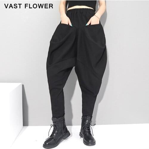 Pocket Patchwork Loose Harem Pants Women New Black High Elastic Waist Casual Trousers Fashion Streetwear Spring Autumn 2021