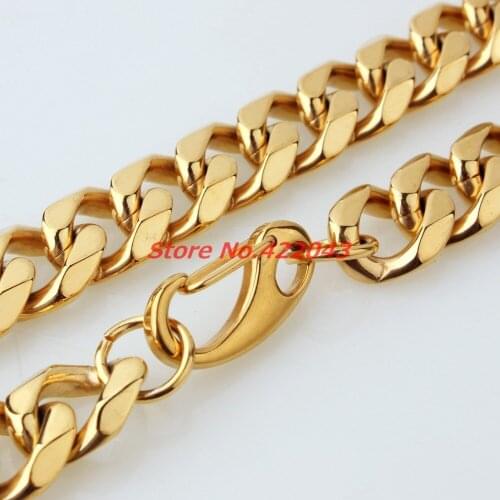 10/12/15/17/19mm Wide Strong Men Cuban Curb Link Chain Stainless Steel Necklace High Polishing Gold color 7-40 inch