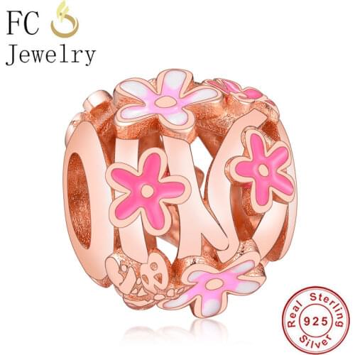 FC Jewelry Fit Original Brand Charm Bracelet 100% 925 Silver Rose Gold Pink Enamel Daisy Honeybee Bead For Making Berloque NEW