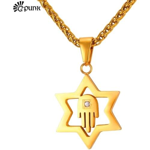 Harsma Hand Star Of David Pendant Necklaces For Men Women Gold color Stainless Steel Jewish Star, Islam Jewelry P2271G