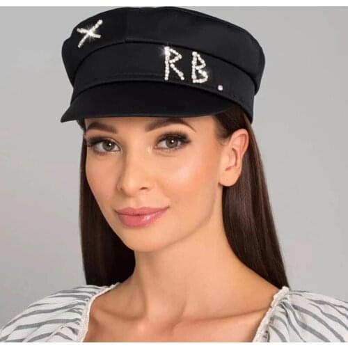 Fashion New Quality Satin Diamond Letter Newsboy Hats For Women Flat Top Militray Caps Black White Caps Men Berets Gorras Mujer