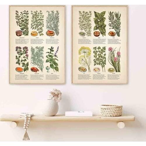 Kitchen Herb Chart Vintage Posters and Prints Decoration Canvas Wall Pictures Spices Knowledge Art Painting Gifts Home Decor