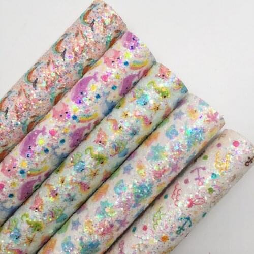 LEOsyntheticoDIY Dophine Sea Horse Seestars Chunky Glitter Vinyl Fabric Sheet Felt Backing Synthetic Leather DIY A4 SIZE R168