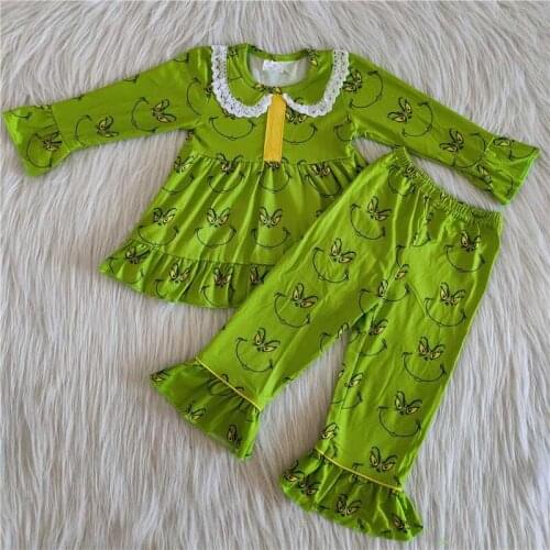 Nightwear baby girls pajamas green sleepwear with lace draw back dress top kids clothing