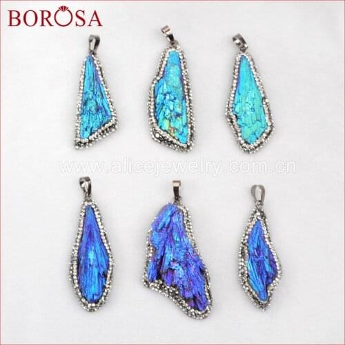 BOROSA New arrival 5pcs Silver Color Rough Titanium Blue Color Natural Black Tourmaline Pendant Paved Zircon JAB260