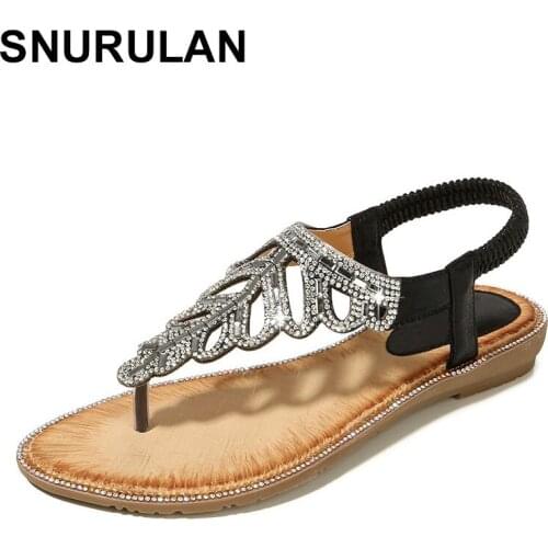 SNURULAN Summer Beach Flat Shoes Women Ladies Bohemia Sandals Bling Rhinestones Crystal Flat Sandals Beach Casual Shoes