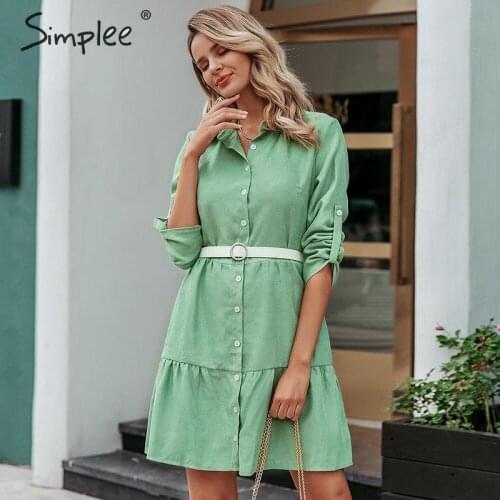 Simplee Autumn women shirt dress A-line lapel solid female casual blouse dress Winter long sleeve office ladies chic short dress