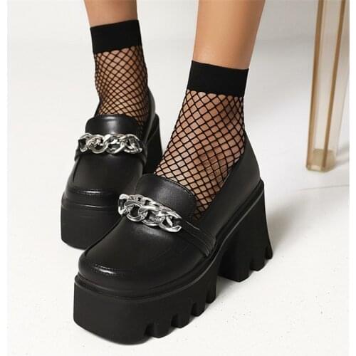 PXELENA Street Metal Chain Punk Gothic Shoes Women Thick Sole Platform Chunky Block High Heels Loafers Slip On Pumps Lady 35-43