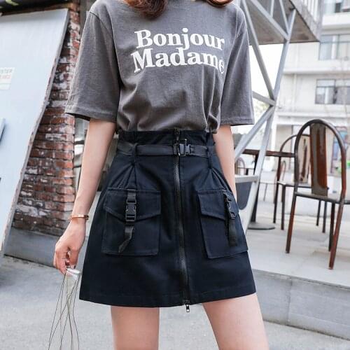 A Line Zipper Cargo Skirt Women Pockets Ribbon Bodycon High Waist Solid Ladies Short Skirt Summer Sexy Black Khaki Bottom Female