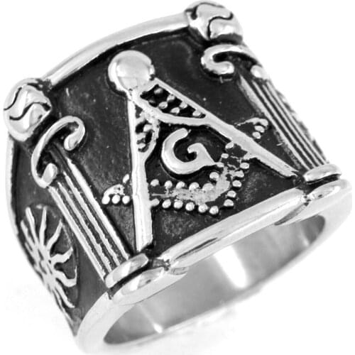 FANSSTEEL Stainless Steel Jewelry Free Masonary Ruler and Square sunny Masonic Ring FSR09W77