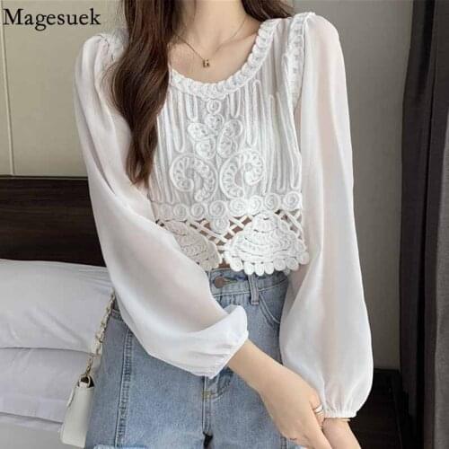 Hollow Out Sexy Lace Blouse for Women 2021 Spring O Neck Korean Fashion Chiffon Shirt Long Sleeve Loose Sweet Short Shirt 14673