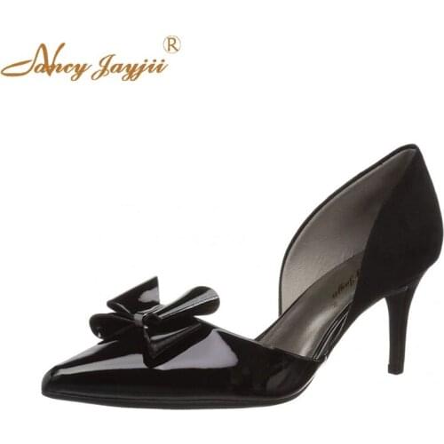 Woman shoes Lady Pumps Black Solid Patent Leather Basic Butterfly-kont Sweet Super high thin heels Slip-On Pointed Toe Brand
