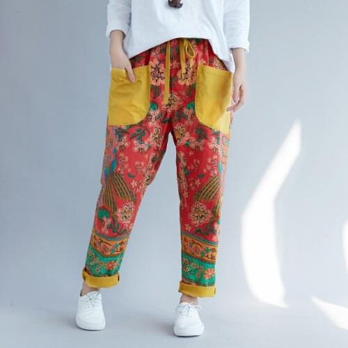 Women Baggy Denim Harem Pants Plus Size Elastic Waist With Drawstring Printed Cowboy Trousers Cute ethnic style Jean Joggers