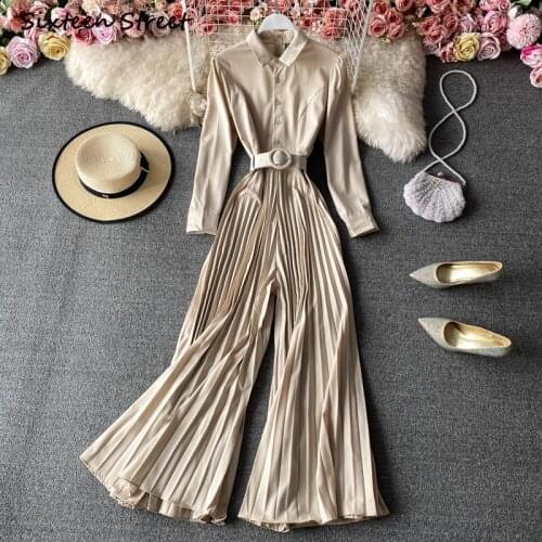 Overalls for Women Autumn Fashion Wide Leg Flared Pants Folds Belt Rompers Womens Jumpsuit Ladies One Piece Loose Club Outfits