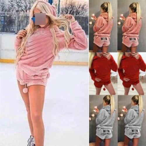 2020 Women 2Pcs Pajamas Sets Tracksuit New Winter Cartoon Print Hooded Warm Coral Fleece Sleepwear Female Hoodie+Shorts Outfits